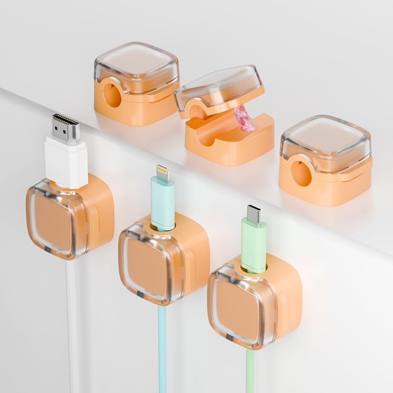 BRAMMH 6-Pack Magnetic Cord Holder, Cord Holder with Strong Magnetic Lid, Holds Cables Firmly, 7 mm Charger Holder & HDMI Cord Organizer Clips, Strong Adhesive Pad (Orange) - Image 1